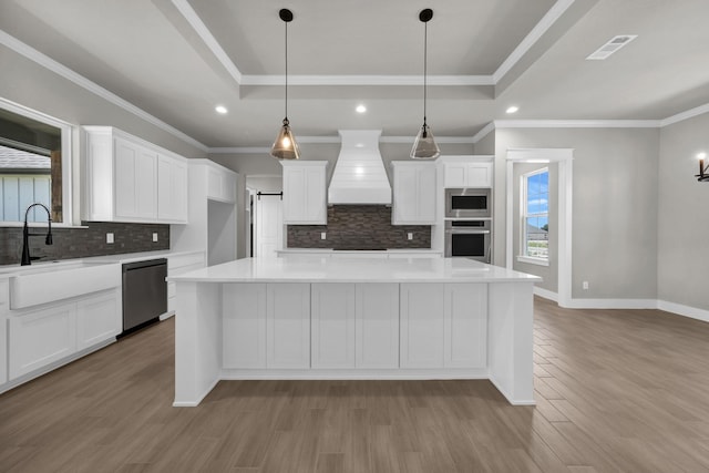 422 Collum Vw, Azle, TX 76020 - kitchen with stainless steel appliances, premium range hood, a sink, backsplash, and recessed lighting