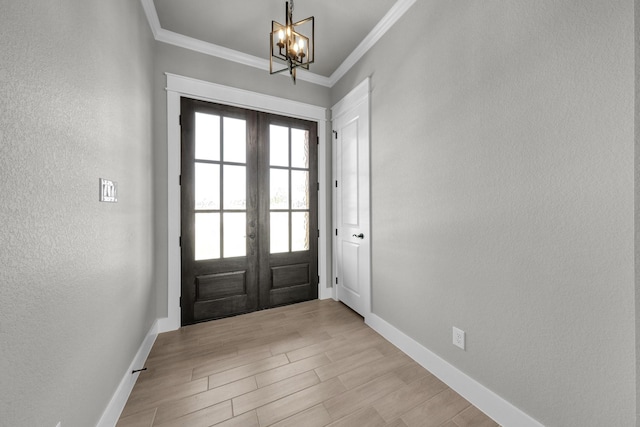 422 Collum Vw, Azle, TX 76020 - entryway featuring french doors, crown molding, baseboards, a chandelier, and light wood-type flooring