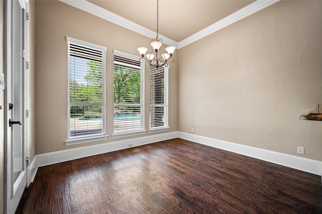 105 Zephyr Ct, Aurora, TX 76078 - unfurnished room featuring ornamental molding, dark wood-type flooring, an inviting chandelier, and baseboards