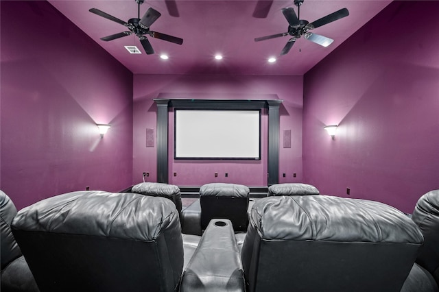 105 Zephyr Ct, Aurora, TX 76078 - home theater room with visible vents, recessed lighting, a ceiling fan, and vaulted ceiling