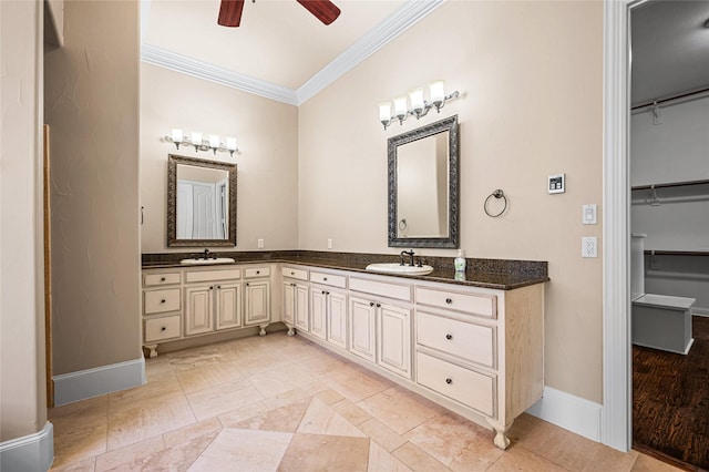 105 Zephyr Ct, Aurora, TX 76078 - bathroom featuring a ceiling fan, double vanity, crown molding, and a sink