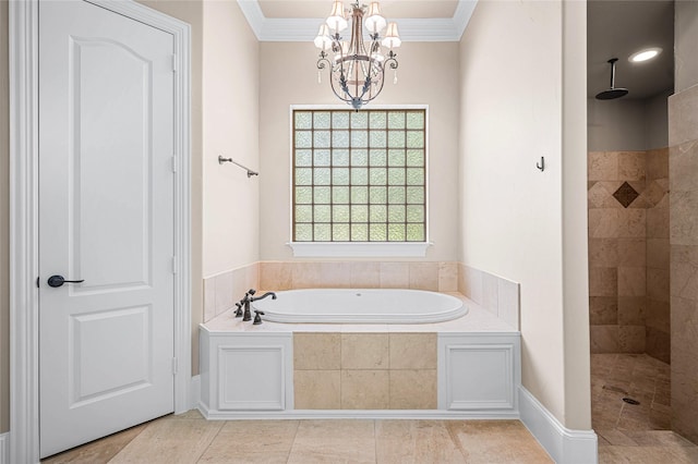 105 Zephyr Ct, Aurora, TX 76078 - bathroom with a garden tub, crown molding, a notable chandelier, and walk in shower