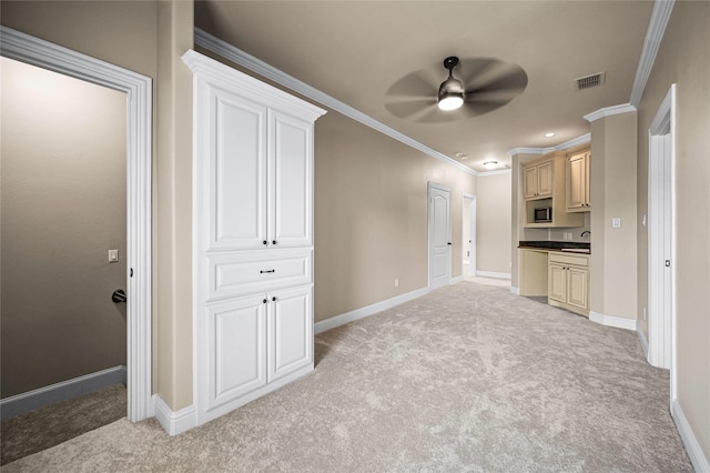 105 Zephyr Ct, Aurora, TX 76078 - unfurnished living room with ornamental molding, visible vents, ceiling fan, and light colored carpet