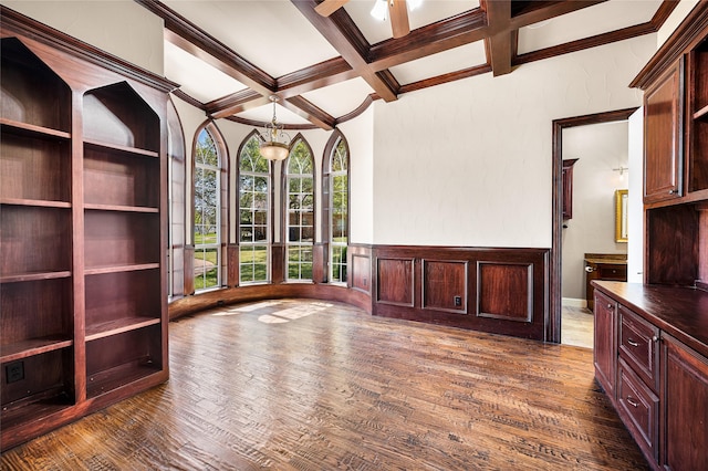 105 Zephyr Ct, Aurora, TX 76078 - interior space with beam ceiling, wood finished floors, a wainscoted wall, and coffered ceiling