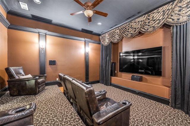 cinema room featuring ornamental molding and ceiling fan