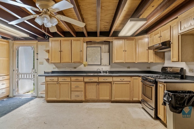 kitchen with stainless steel gas range oven, sink, and light brown cabinetry