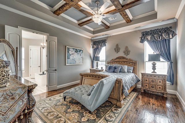 bedroom featuring dark hardwood / wood-style floors, coffered ceiling, beam ceiling, and crown molding