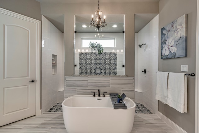 bathroom featuring shower with separate bathtub, tile walls, and a notable chandelier