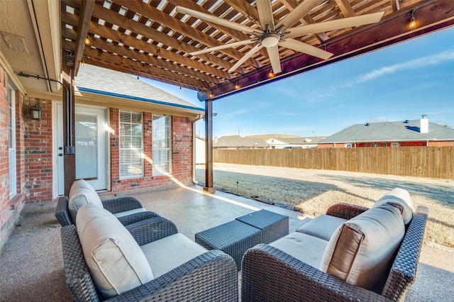 view of patio / terrace featuring ceiling fan and an outdoor hangout area