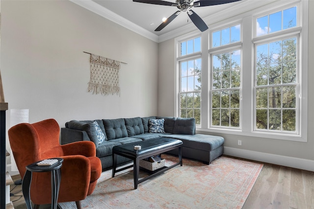 living room featuring ceiling fan, hardwood / wood-style flooring, ornamental molding, and a healthy amount of sunlight