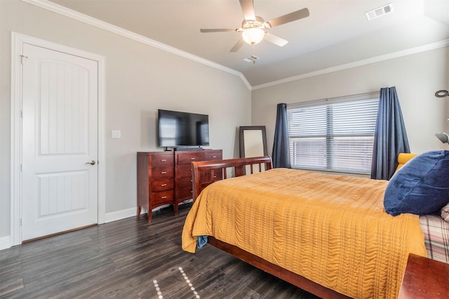 bedroom with vaulted ceiling, ornamental molding, dark hardwood / wood-style floors, and ceiling fan