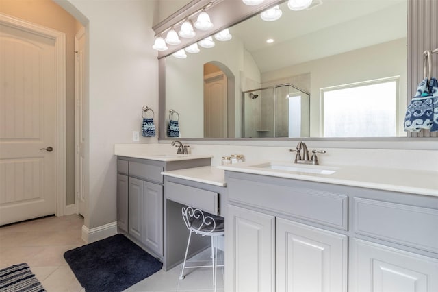 bathroom with tile patterned flooring, vanity, and an enclosed shower