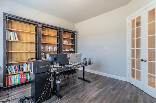 office featuring french doors and dark hardwood / wood-style flooring