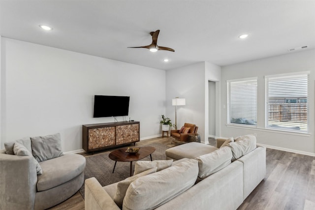 living room with hardwood / wood-style flooring and ceiling fan