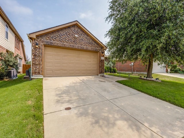 view of front facade with a garage, an outdoor structure, central AC, and a front lawn