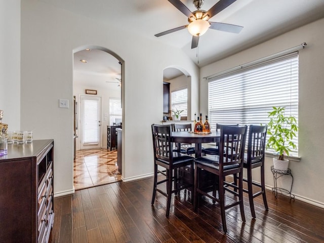 dining area featuring ceiling fan and dark hardwood / wood-style flooring