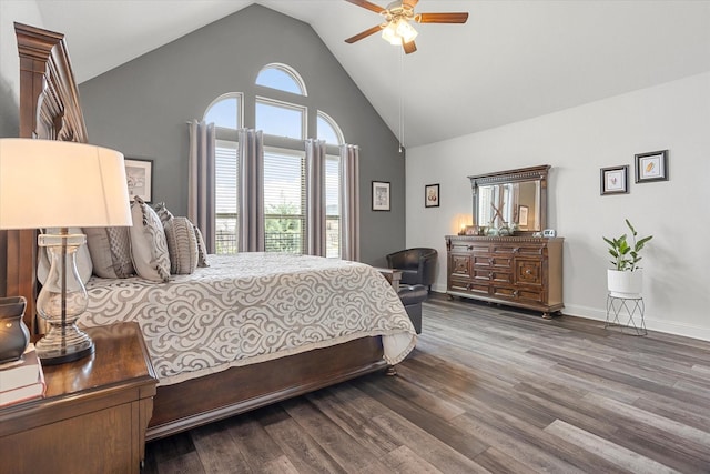 bedroom featuring high vaulted ceiling, ceiling fan, baseboards, and wood finished floors