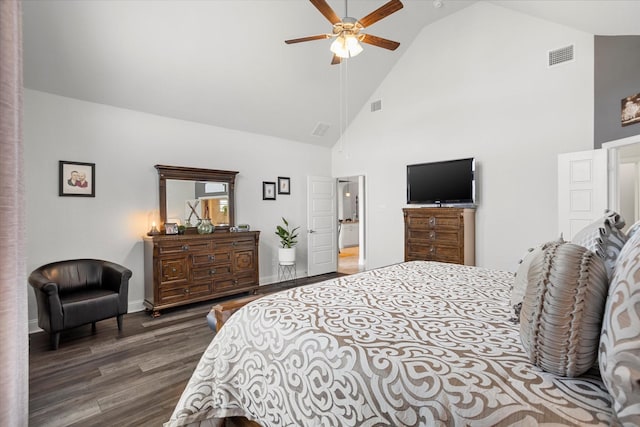 bedroom featuring high vaulted ceiling, dark wood finished floors, visible vents, and baseboards