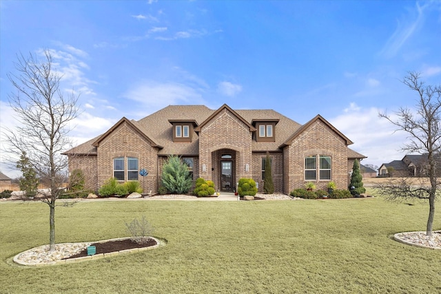 view of front facade featuring brick siding, a front lawn, and roof with shingles