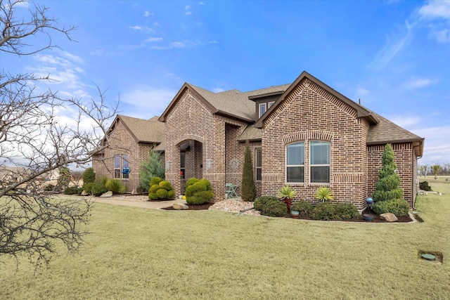 french country home featuring a shingled roof, a front lawn, and brick siding