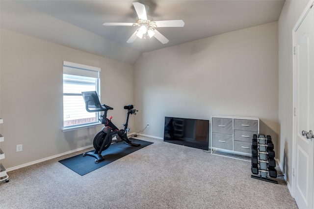 workout area with lofted ceiling, light colored carpet, and ceiling fan