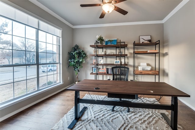 home office with ornamental molding, dark hardwood / wood-style floors, and ceiling fan