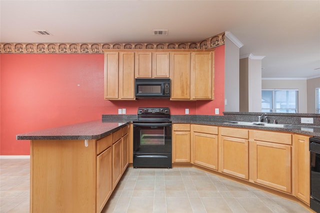 kitchen featuring sink, ornamental molding, black appliances, light tile patterned flooring, and kitchen peninsula