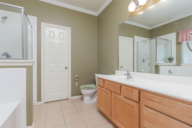 full bathroom featuring crown molding, vanity, tile patterned floors, independent shower and bath, and toilet