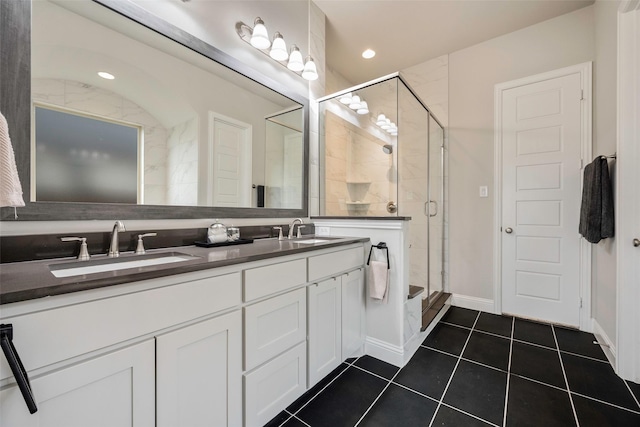 2402 Topaz Dr, Rockwall, TX 75087 - bathroom with vanity, a shower with door, and tile patterned floors