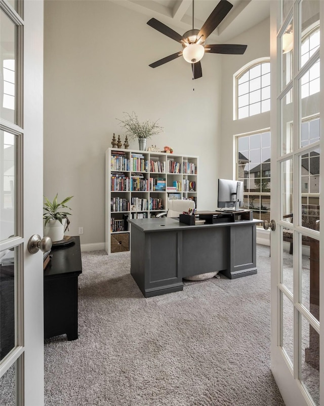 2402 Topaz Dr, Rockwall, TX 75087 - carpeted office space with french doors, ceiling fan, and a high ceiling