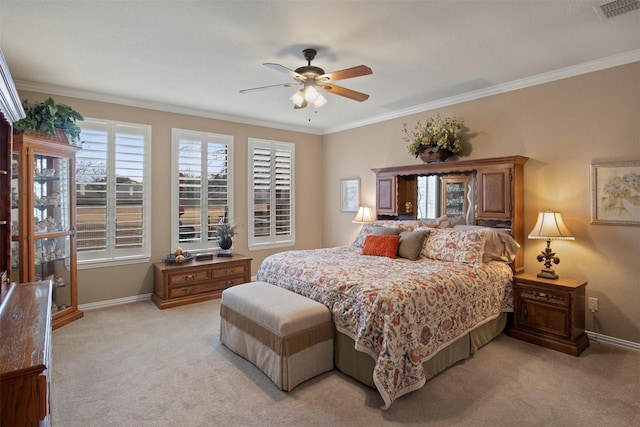 bedroom featuring visible vents, light carpet, and crown molding