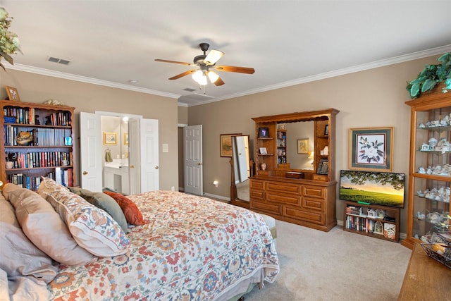 bedroom featuring visible vents, ceiling fan, carpet, and ornamental molding