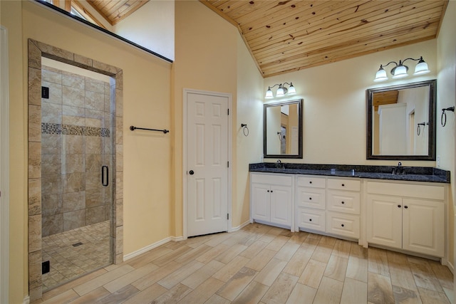 bathroom with vaulted ceiling, a shower with shower door, wood-type flooring, vanity, and wood ceiling