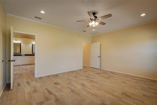 unfurnished bedroom featuring ceiling fan, ornamental molding, ensuite bathroom, and light wood-type flooring