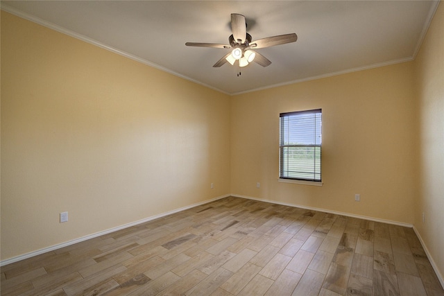 unfurnished room featuring ceiling fan, ornamental molding, and light hardwood / wood-style floors