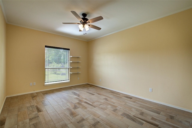 unfurnished room with crown molding, light hardwood / wood-style flooring, and ceiling fan