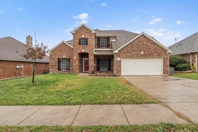 traditional-style home with brick siding, roof with shingles, concrete driveway, a garage, and a front lawn