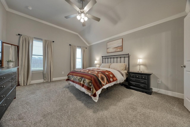 carpeted bedroom with ceiling fan, ornamental molding, and vaulted ceiling