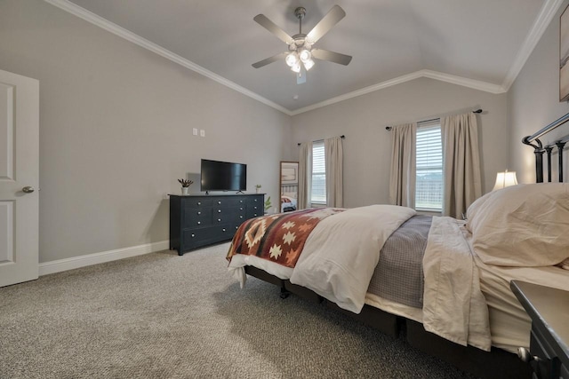 carpeted bedroom featuring ceiling fan, ornamental molding, and lofted ceiling