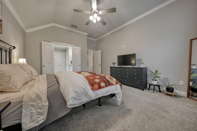 carpeted bedroom with crown molding, ceiling fan, and lofted ceiling