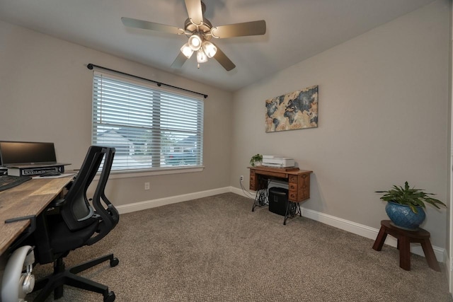 home office with carpet and ceiling fan