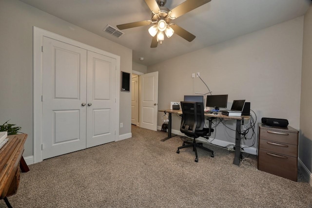 office area with carpet flooring and ceiling fan