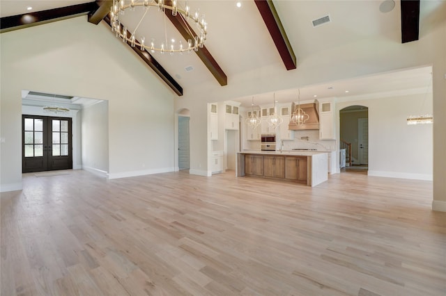 121 Ford Ct, Weston, TX 75009 - unfurnished living room featuring arched walkways, a chandelier, high vaulted ceiling, baseboards, and beamed ceiling