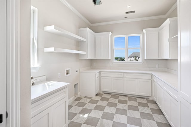121 Ford Ct, Weston, TX 75009 - kitchen featuring open shelves, white cabinetry, ornamental molding, light countertops, and a sink