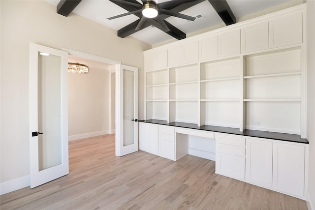 121 Ford Ct, Weston, TX 75009 - unfurnished office featuring beamed ceiling, baseboards, light wood-style flooring, a ceiling fan, and a chandelier