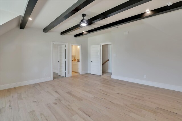 121 Ford Ct, Weston, TX 75009 - unfurnished bedroom with baseboards, beamed ceiling, light wood finished floors, ensuite bath, and a ceiling fan