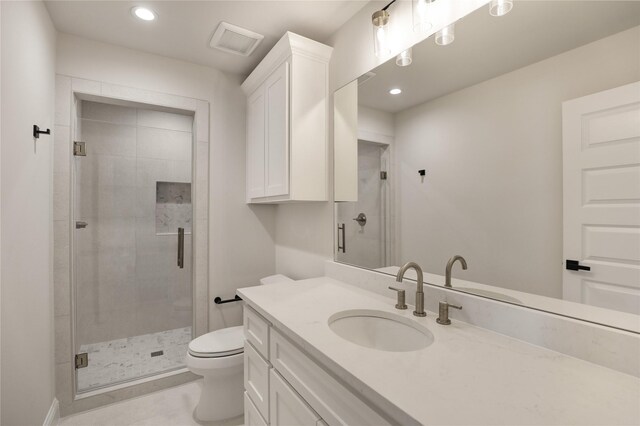 121 Ford Ct, Weston, TX 75009 - full bath featuring toilet, vanity, a shower stall, tile patterned floors, and recessed lighting