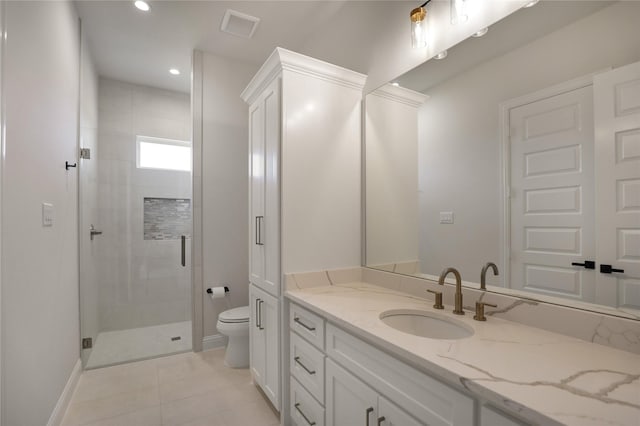 121 Ford Ct, Weston, TX 75009 - full bathroom with toilet, vanity, a shower stall, baseboards, and recessed lighting