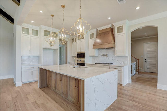 121 Ford Ct, Weston, TX 75009 - kitchen with custom range hood, appliances with stainless steel finishes, backsplash, a sink, and recessed lighting