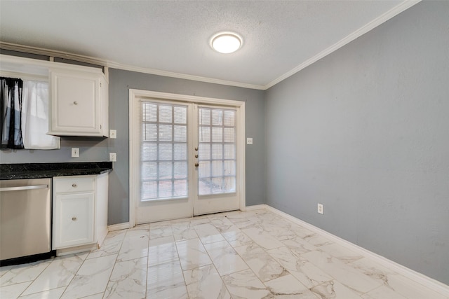 doorway to outside with baseboards, ornamental molding, marble finish floor, a textured ceiling, and french doors